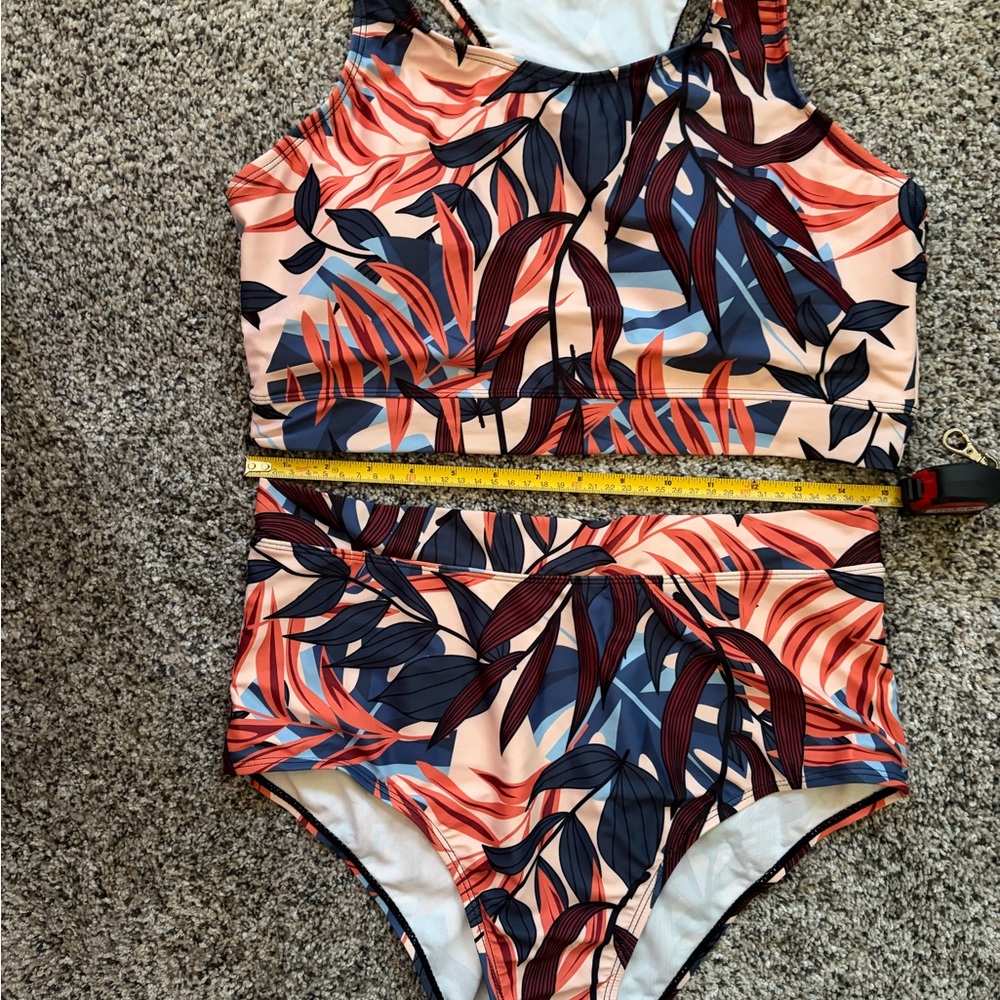 Amazon Women’s Tropical Leaf Print One-Piece Swimsuit - Coral, Navy & Peach